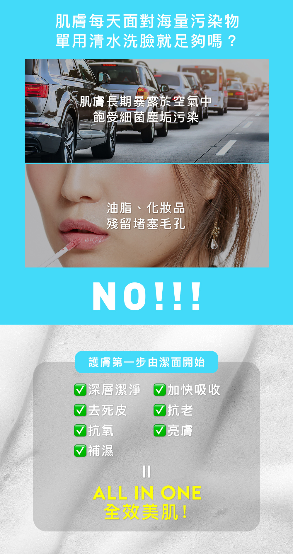肌膚長期暴露於空氣中 飽受細菌塵垢污染 油脂、化妝品殘留堵塞毛孔 肌膚每天面對海量污染物 單用清水洗臉就足夠嗎？ NO!!! 護膚第一步由潔面開始 深層潔淨+去死皮+抗氧+補濕+抗老+亮膚+加快吸收 = All in One 全效美肌！