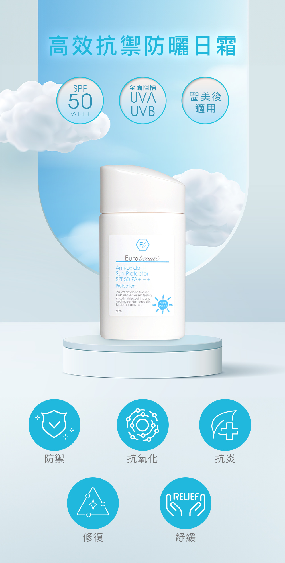 高效抗禦防曬日霜 SPF50 PA+++ - 全面阻隔UVA & UVB - 醫美後適用 1. 防禦 2. 抗氧 3. 抗炎 4. 修復 5. 紓緩